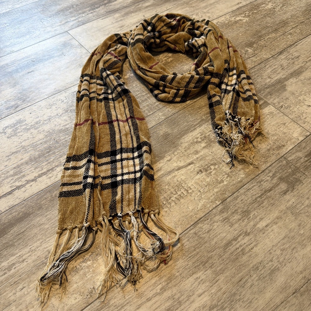 David & Young Camel Plain Classic Plaid Cashmink Fringe Hem Brown Scarf